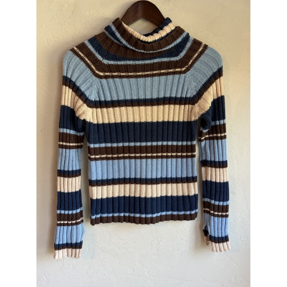 Vintage 90s Y2K Next Era Striped Ribbed Knit Turtleneck Sweater S Chunky Grunge